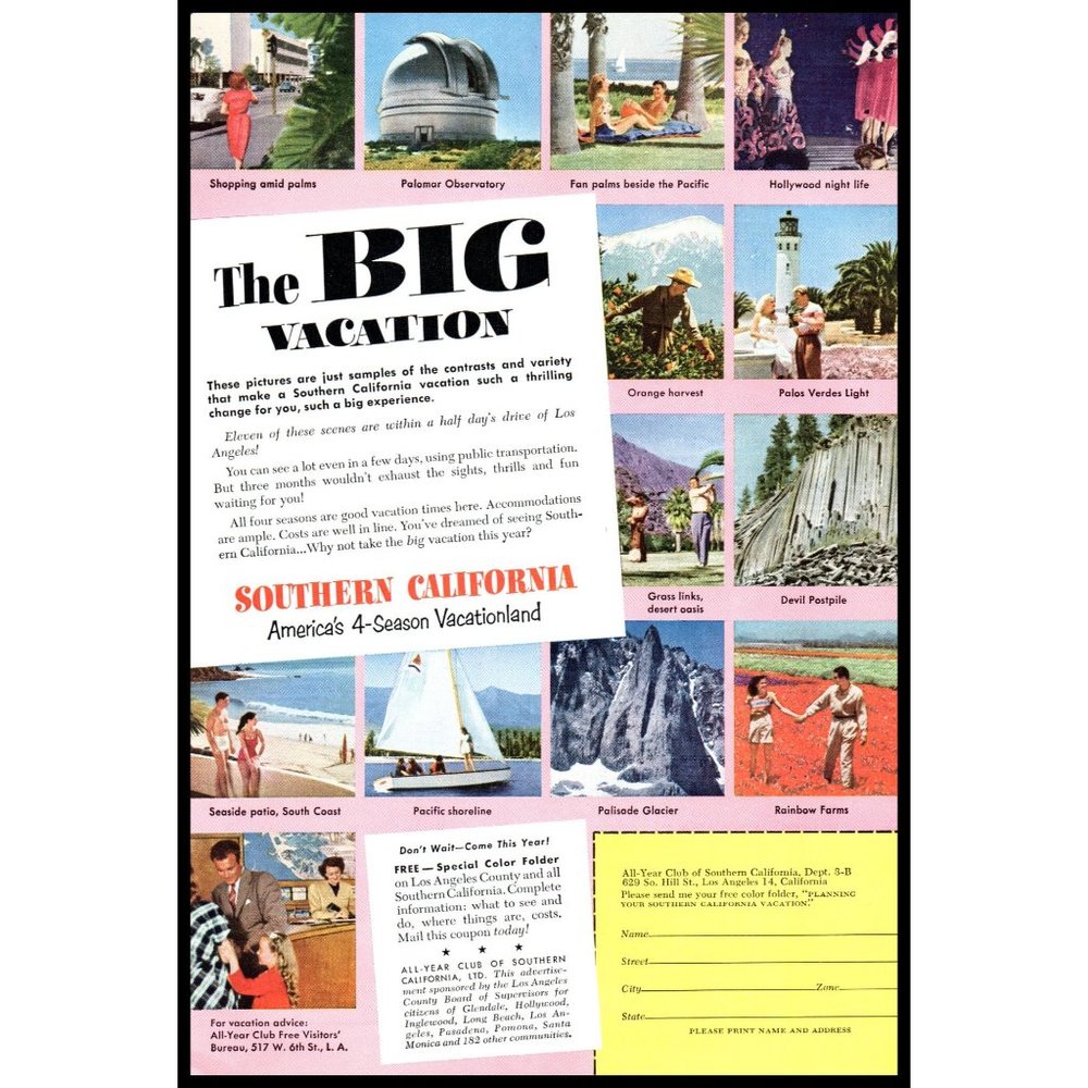1953 Southern California Big Vacation Vintage Print Ad Palos Verdes Light Art
